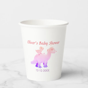 Red pink blue purple dinosaur baby shower add date paper cups
