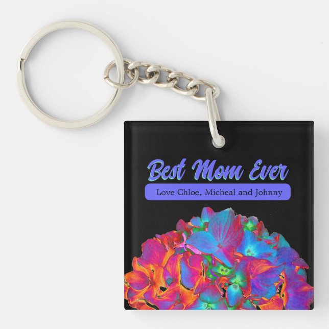 Red pink blue purple floral colourful floral key ring (Front)