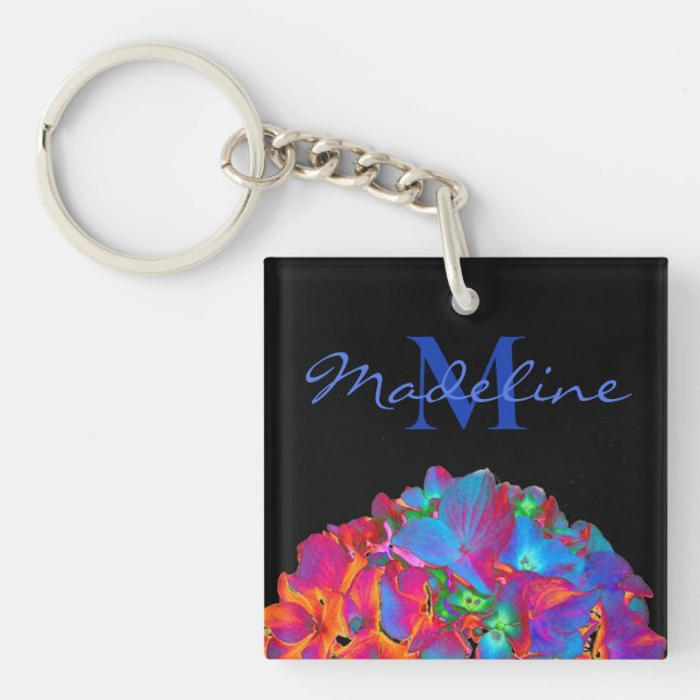 Red pink blue purple floral colourful floral key ring (Front)