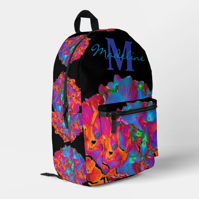Red pink blue purple floral monogram calligraphy printed backpack (Back Corner Left)
