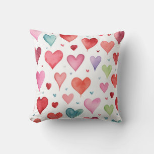 Red Pink Blue Watercolor Modern Heart Pattern Cushion
