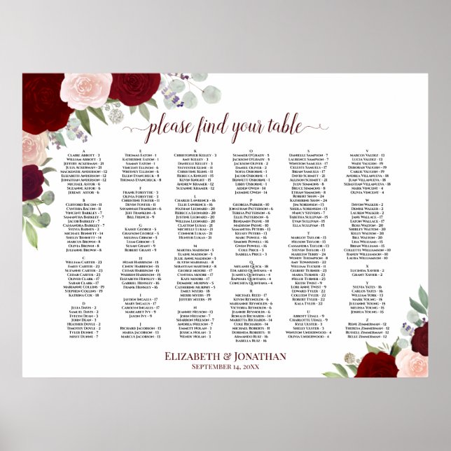 Red & Pink Boho Roses Alphabetical Seating Chart (Front)