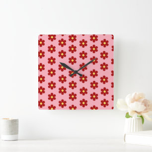 Red Pink Bold Y2K Wildflower Vibrant Home Decor Square Wall Clock