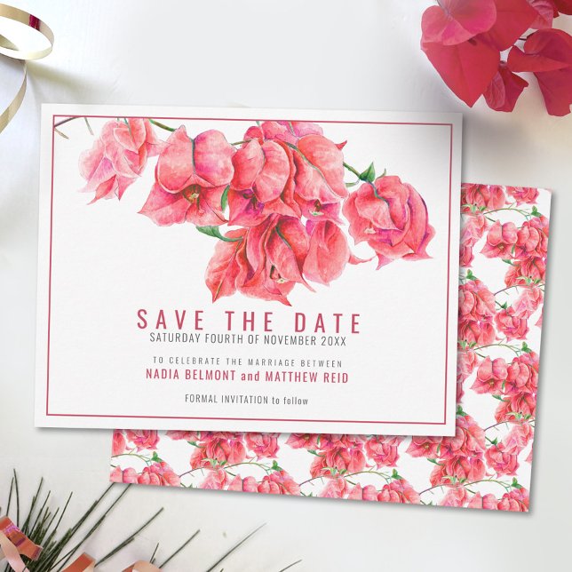 Red pink bougainvillea floral art wedding save the date (Creator Uploaded)