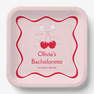 Red Pink Bow Cherrry On Top Bachelorette Paper Plate
