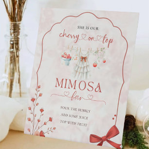 Red Pink Bow Cherry Mimosa Bar   Elegant Floral Pedestal Sign