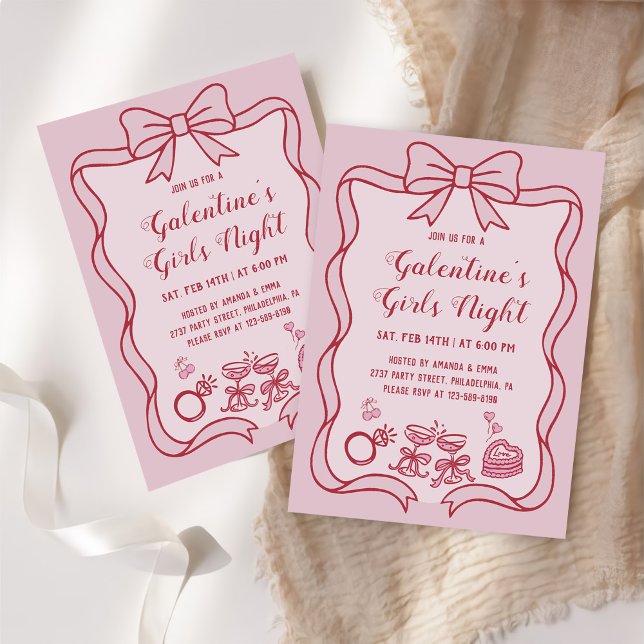 Red Pink Bow Galentine's Girls Night Party Invitation (Creator Uploaded)