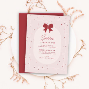 Red Pink Bow Polka Dots Girly 1st Birthday Invitation
