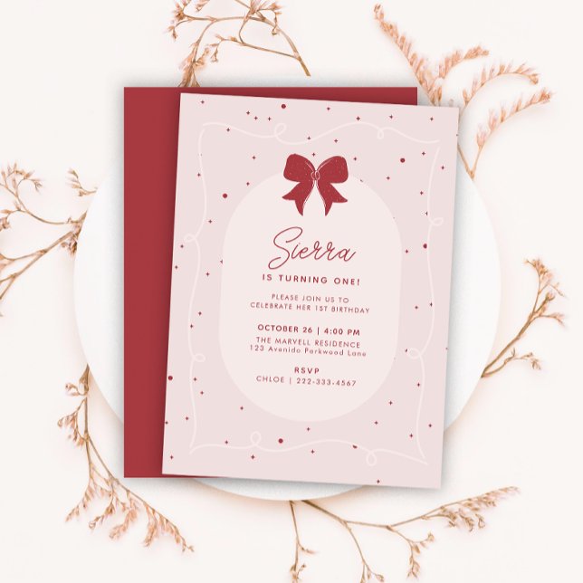 Red Pink Bow Polka Dots Girly 1st Birthday Invitation (Creator Uploaded)