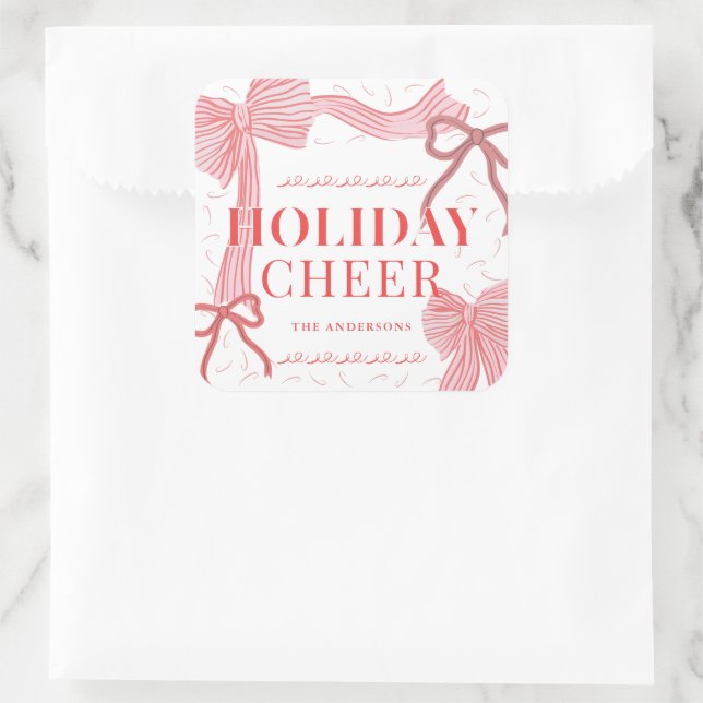 Red & Pink Bows Holiday Cheer Photo Christmas Square Sticker (Bag)