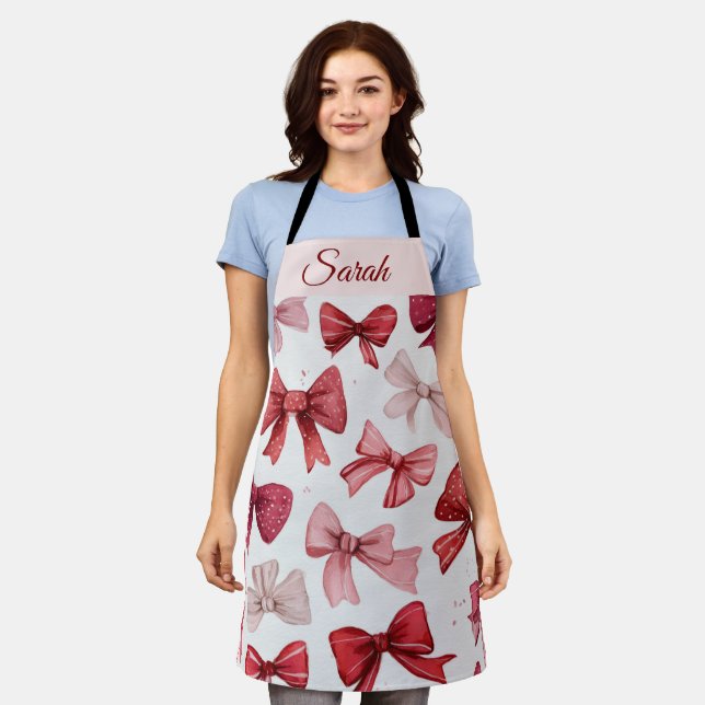 Red & Pink Bows Personalized Christmas Apron (Worn)
