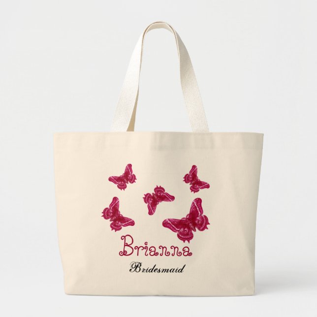Red Pink Butterfly Personalised Name Bridesmaid Large Tote Bag (Front)