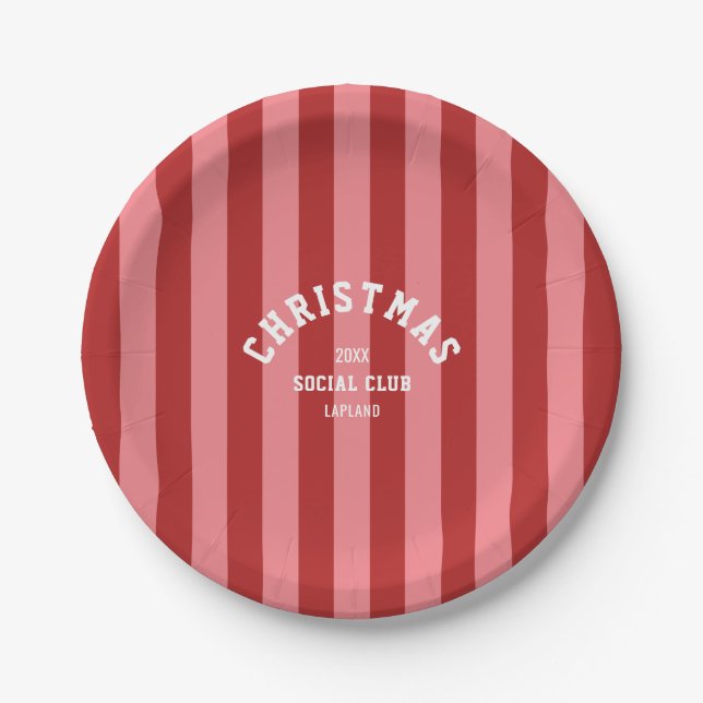  Red Pink Candy Stripe Christmas Social Club Paper Plate (Front)