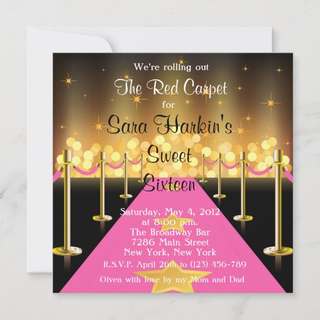 Red/Pink Carpet Hollywood Sweet 16 Invite (Front)