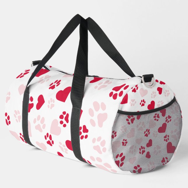 Red & Pink Cat Paw Print Heart Pattern Duffle Bag (Right Corner)