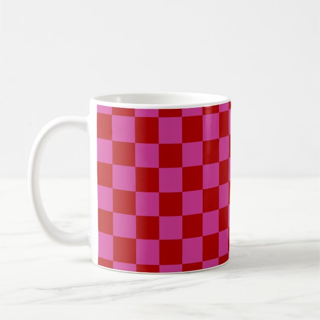 Red + Pink Check Chequered Chequerboard Pattern Coffee Mug (Left)