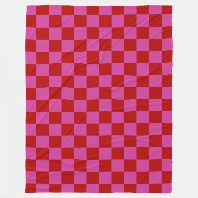 Red + Pink Check Chequered Chequerboard Pattern Fleece Blanket (Front)