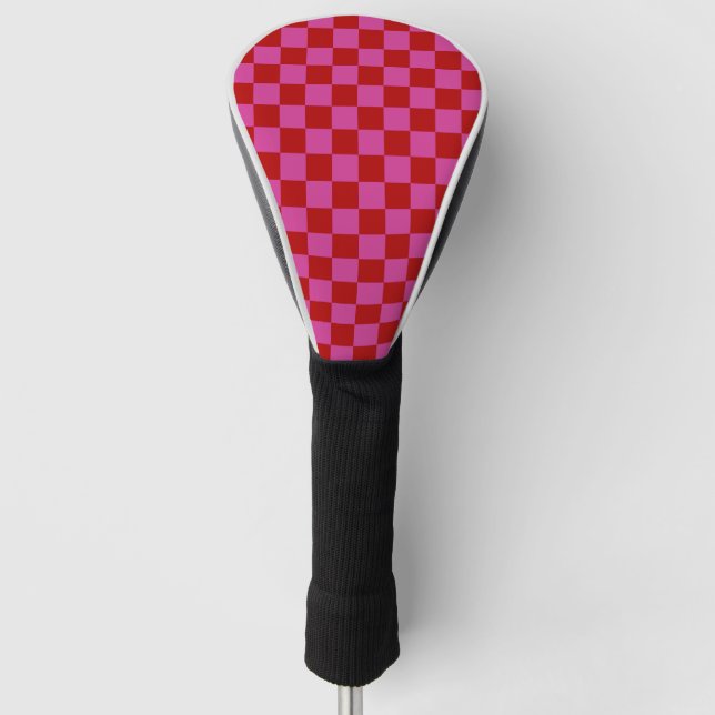Red + Pink Check Chequered Chequerboard Pattern Golf Head Cover (Front)