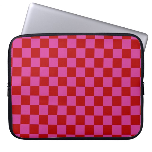 Red + Pink Check Chequered Chequerboard Pattern Laptop Sleeve (Front)