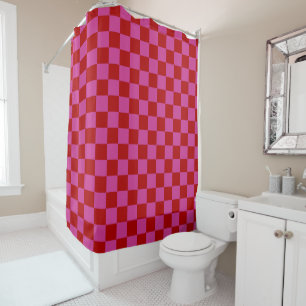 Red + Pink Check Chequered Chequerboard Pattern Shower Curtain