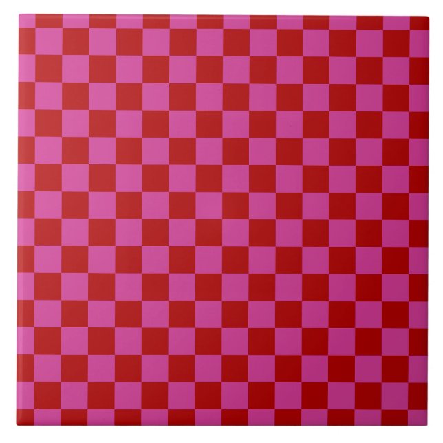 Red + Pink Check Chequered Chequerboard Pattern Tile (Front)