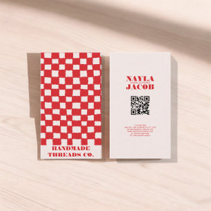 Red Pink Chequerboard Pattern QR Code Handmade Business Card