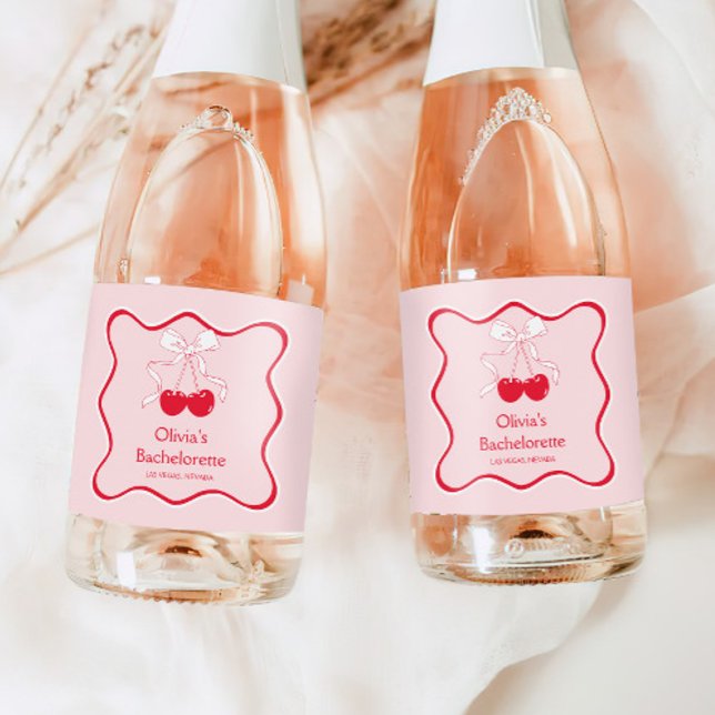 Red Pink Cherry On Top Bachelorette Mini Champagne Sparkling Wine Label (Creator Uploaded)