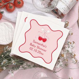 Red Pink Cherry On Top Bow Baby Shower  Napkin