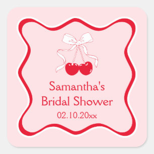 Red Pink Cherry On Top Bow Bridal Shower Favour Square Sticker