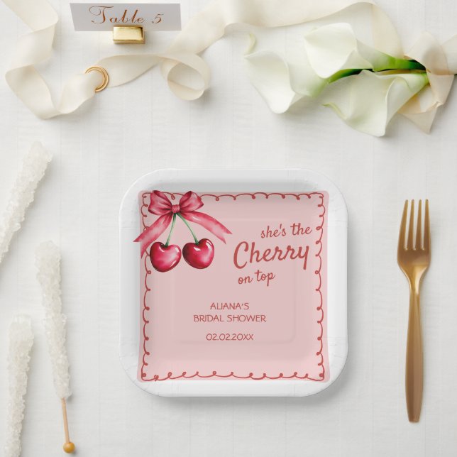 Red & Pink Cherry On Top Cherry Bridal Shower Paper Plate (Wedding)