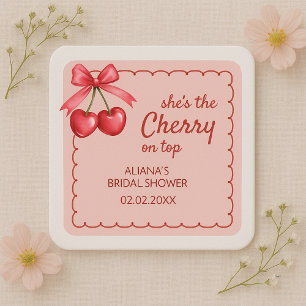 Red & Pink Cherry On Top Cherry Bridal Shower Square Paper Coaster