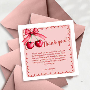 Red & Pink Cherry Wavy Border Coquette Bow Thank You Card