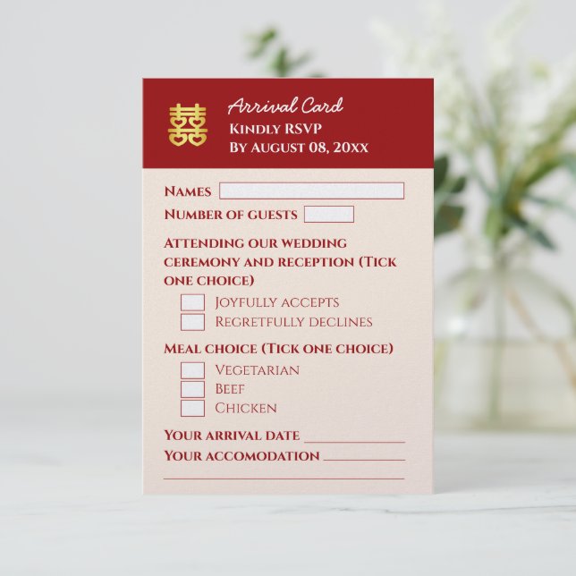 Red pink chinese wedding passport arrival RSVP card (Standing Front)