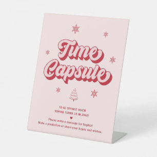 Red Pink Christmas 1st Birthday Time Capsule Game Pedestal Sign