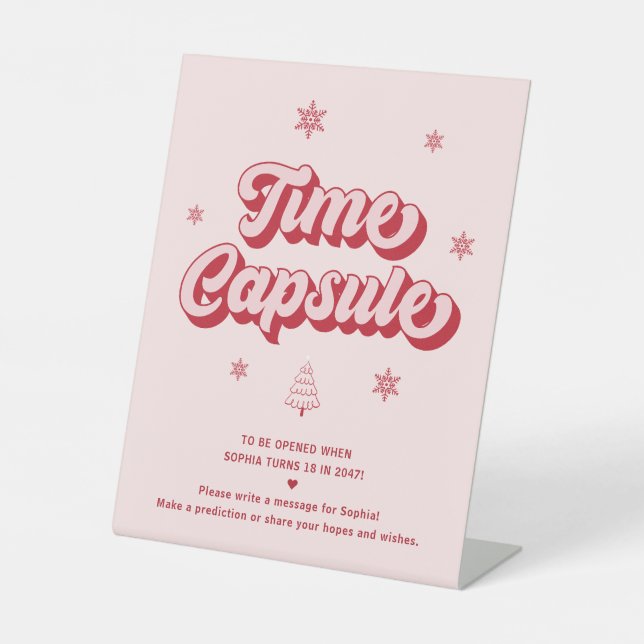 Red Pink Christmas 1st Birthday Time Capsule Game Pedestal Sign (Front)