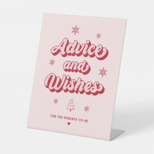 Red Pink Christmas Baby Shower Wishes and Advice  Pedestal Sign (Front)