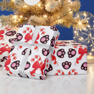 Red & Pink Christmas Candy Cane Animal Paws Wrapping Paper
