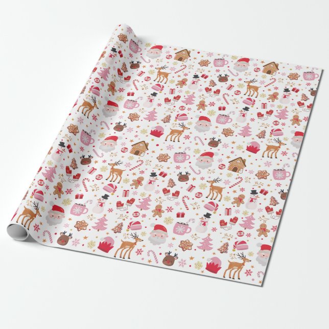 Red Pink Christmas Santa Claus Reindeer Wonderland Wrapping Paper (Unrolled)