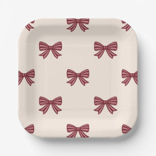 Red Pink Cream Bows Pattern Christmas Paper Plate