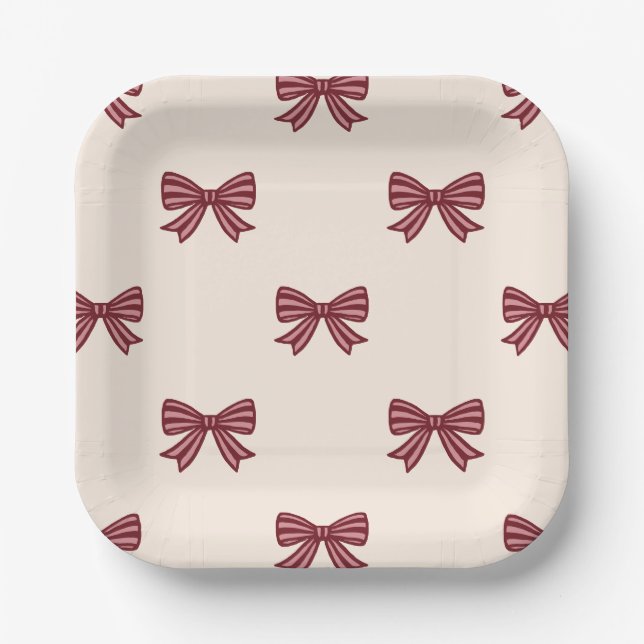 Red Pink Cream Bows Pattern Christmas  Paper Plate (Front)