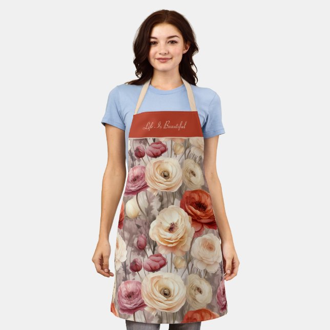Red Pink Cream Ranunculus Flowers   Apron (Worn)