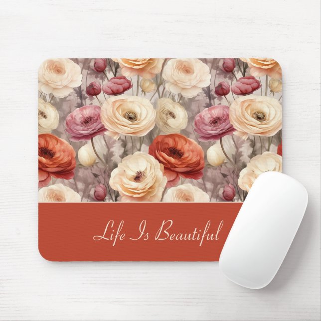 Red Pink Cream Ranunculus Flowers   Mouse Mat (With Mouse)
