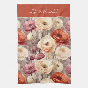Red Pink Cream Ranunculus Flowers Tea Towel