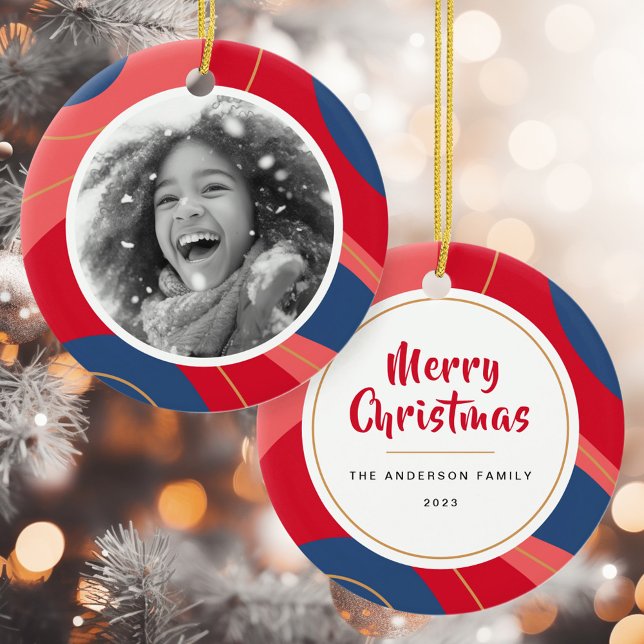 Red pink dark blue retro Christmas photo Ceramic Tree Decoration (Red pink dark blue retro Christmas photo Ceramic Ornament)