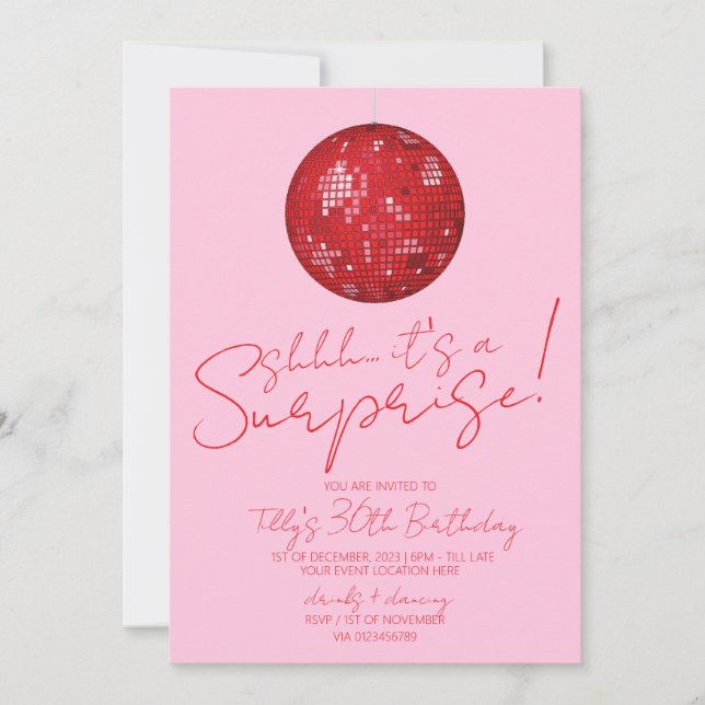 Red pink disco ball surprise birthday party  invitation (Front)