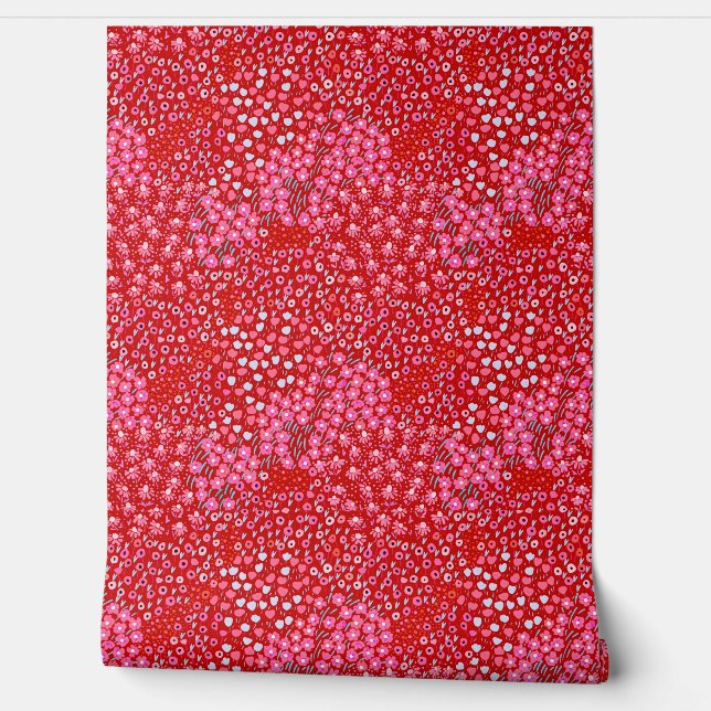 Red Pink Ditsy Floral Colourful Garden flowers Wallpaper (Unrolling)