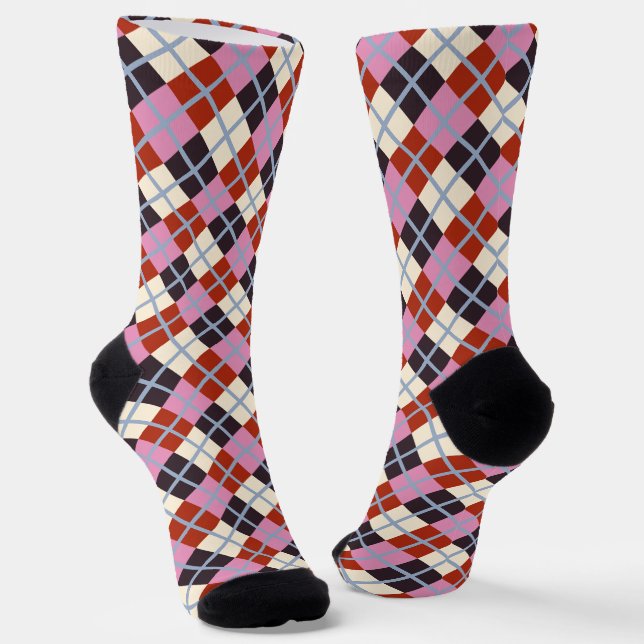 Red Pink Eggplant Ivory Pattern  Socks (Angled)