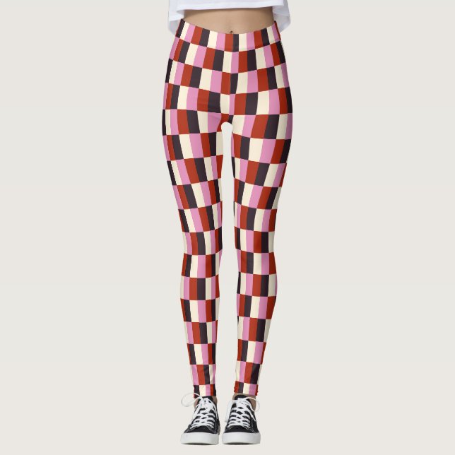 Red Pink Eggplant Ivory Plaid Pattern Leggings (Front)