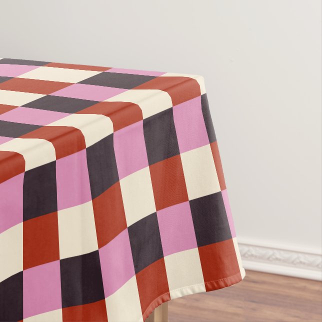 Red Pink Eggplant Ivory Retro Plaid Tablecloth (In Situ)