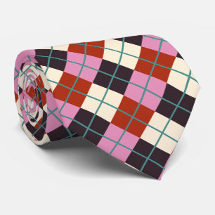 Red Pink Eggplant Ivory Teal Retro Plaid Tie